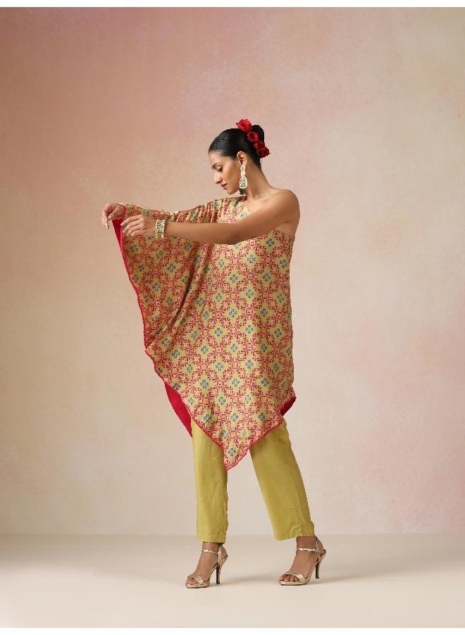 trueBrowns Light Green Pink Jaal Print Viscose Asymmetric One-Shoulder Kurta Co-ord Set - Image 2