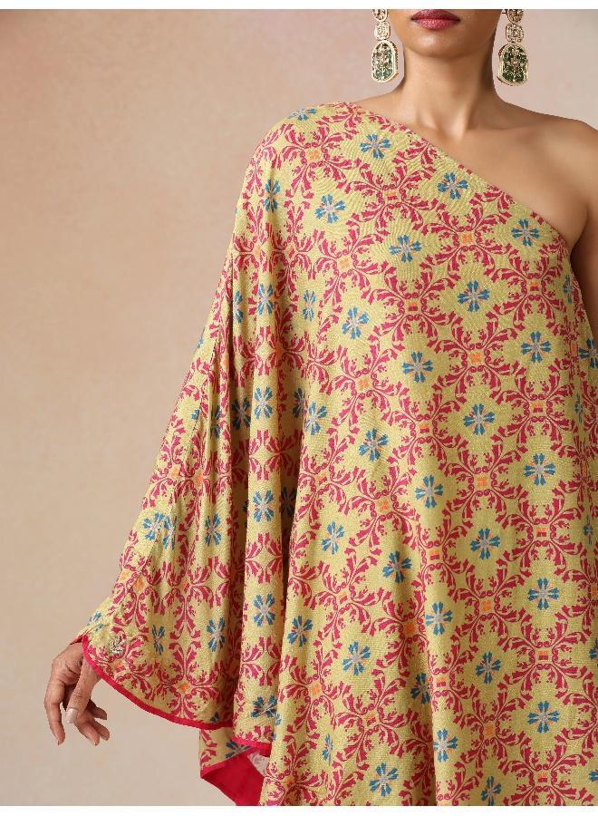 trueBrowns Light Green Pink Jaal Print Viscose Asymmetric One-Shoulder Kurta Co-ord Set - Image 4