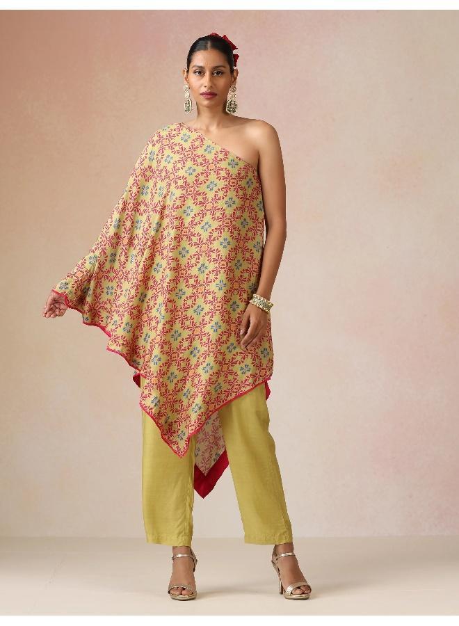 trueBrowns Light Green Pink Jaal Print Viscose Asymmetric One-Shoulder Kurta Co-ord Set - Image 1
