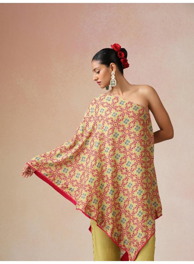 trueBrowns Light Green Pink Jaal Print Viscose Asymmetric One-Shoulder Kurta Co-ord Set - Image 3