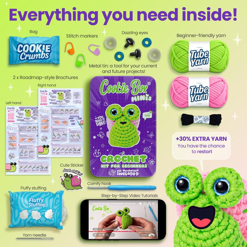 Cookie Box MINIs Crochet Kit for Beginners â€“ Gift Set to Make Snail Dora Amigurumi Plushie â€“ Easy DIY Crochet & Knitting Starter Kit with Printed Instructions & Step-by-Step Video Tutorial - Image 3