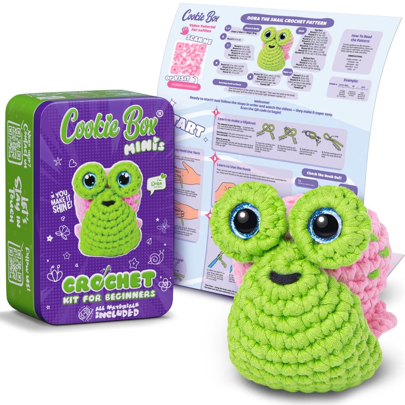 Cookie Box MINIs Crochet Kit for Beginners â€“ Gift Set to Make Snail Dora Amigurumi Plushie â€“ Easy DIY Crochet & Knitting Starter Kit with Printed Instructions & Step-by-Step Video Tutorial - Image 1