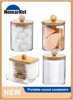 HomarKet 4 Pack Qtip Holder Dispenser with Bamboo Lids - 10 oz Clear Plastic Apothecary Jar Containers for Vanity Makeup Organizer Storage - Bathroom Accessories Set for Cotton Swab, Ball, Pads, Floss  - Image 1
