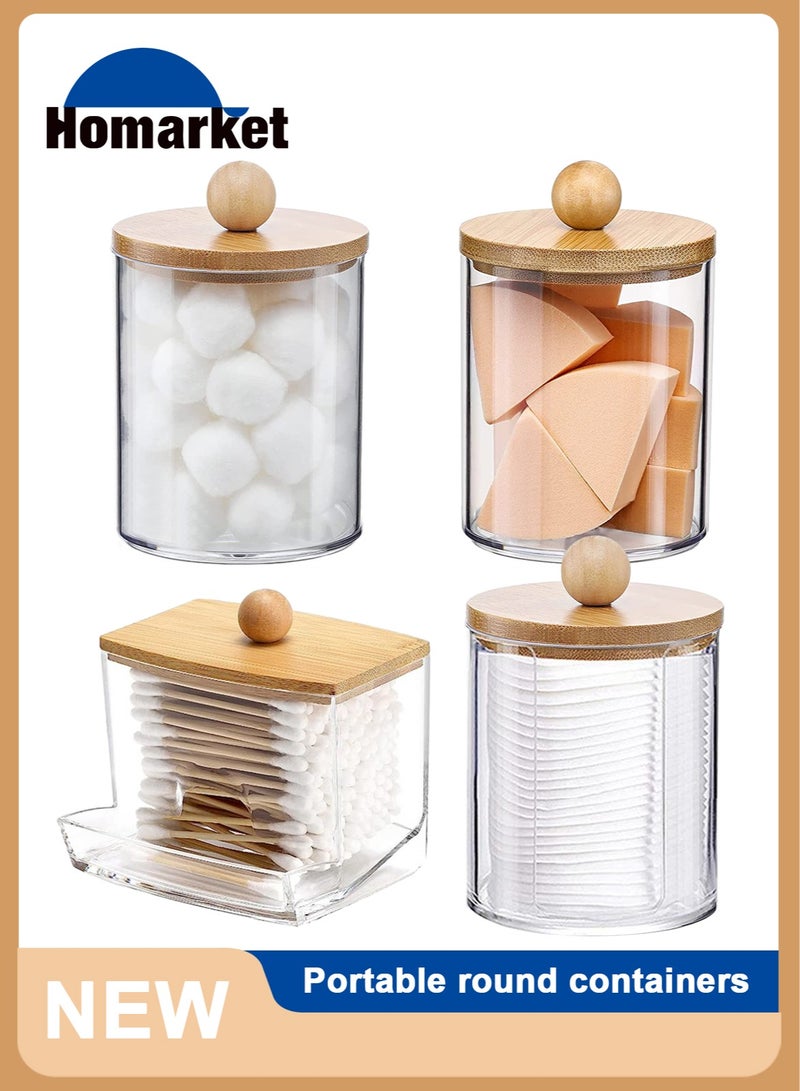 HomarKet 4 Pack Qtip Holder Dispenser with Bamboo Lids - 10 oz Clear Plastic Apothecary Jar Containers for Vanity Makeup Organizer Storage - Bathroom Accessories Set for Cotton Swab, Ball, Pads, Floss - Image 1
