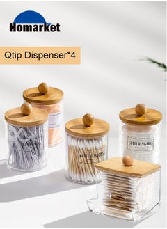 HomarKet 4 Pack Qtip Holder Dispenser with Bamboo Lids - 10 oz Clear Plastic Apothecary Jar Containers for Vanity Makeup Organizer Storage - Bathroom Accessories Set for Cotton Swab, Ball, Pads, Floss  - Image 2