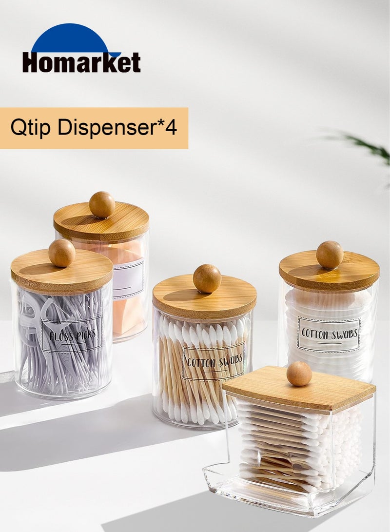 HomarKet 4 Pack Qtip Holder Dispenser with Bamboo Lids - 10 oz Clear Plastic Apothecary Jar Containers for Vanity Makeup Organizer Storage - Bathroom Accessories Set for Cotton Swab, Ball, Pads, Floss - Image 2