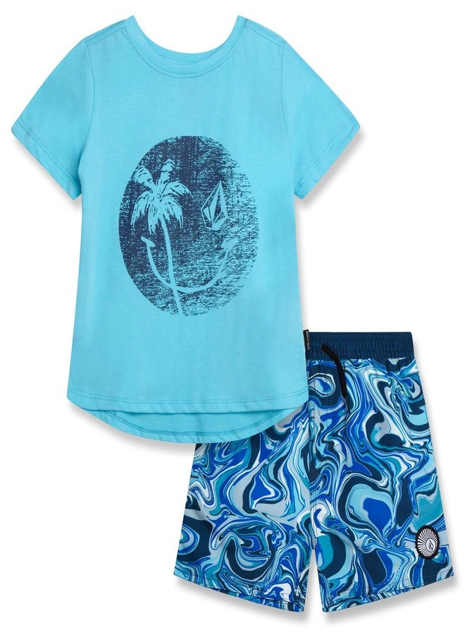 Volcom Baby Boys Swim Set - 2 Piece Short Sleeve Swim Shirt Graphic Tees & Board Shorts, Infant Toddler Little Boys Swimsuit, Size 4T, Light Blue - Image 1