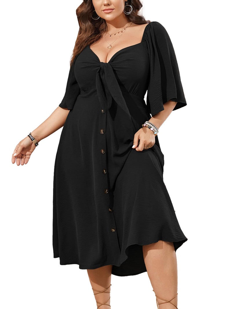 SCOMCHIC Plus Size Summer Dress Casual Short Sleeve Bow Tie Deep V Neck Smocked Button Down Midi Flowy A-line Boho Dresses Black - Image 1