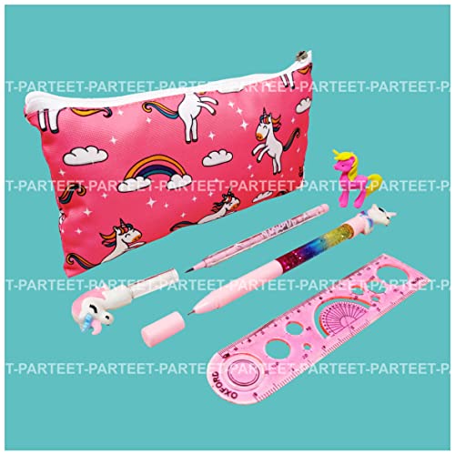 PARTEET Unicorn Combo Pack Of Stationery Set - Unicorn Pencil Pouch/Stationery Pouch/Pencil Case With Unicorn Water Pen, Unicorn Pencil, Unicorn Eraser And Scale For Kids, Pink (Pack Of 5 Items) - Image 3