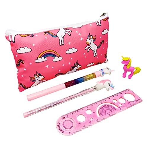 PARTEET Unicorn Combo Pack Of Stationery Set - Unicorn Pencil Pouch/Stationery Pouch/Pencil Case With Unicorn Water Pen, Unicorn Pencil, Unicorn Eraser And Scale For Kids, Pink (Pack Of 5 Items) - Image 1
