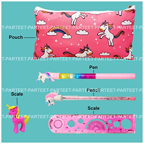 PARTEET Unicorn Combo Pack Of Stationery Set - Unicorn Pencil Pouch/Stationery Pouch/Pencil Case With Unicorn Water Pen, Unicorn Pencil, Unicorn Eraser And Scale For Kids, Pink (Pack Of 5 Items) - Image 2