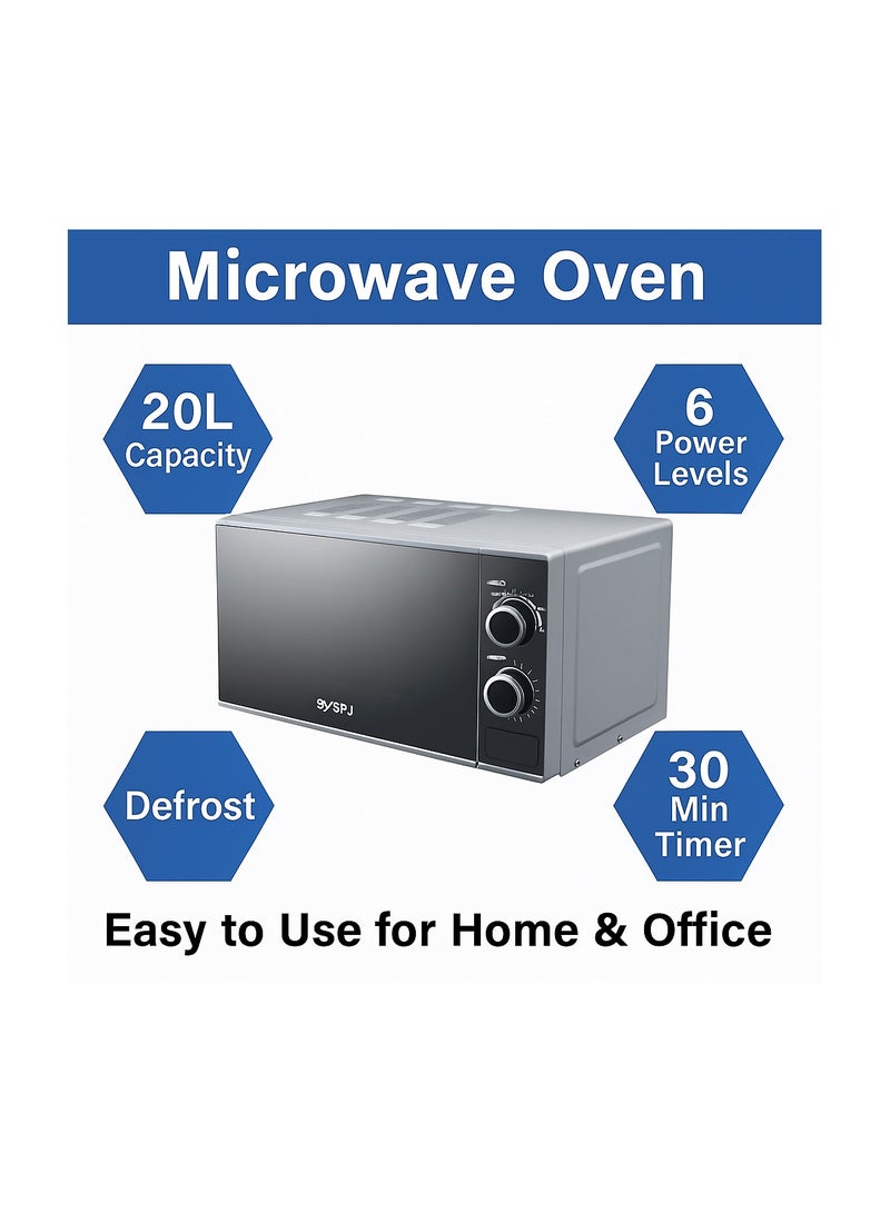 اس بي جي فرن ميكروويف SPJ سعة 20 لتر، 700 وات مع 6 مستويات طاقة، وظيفة إزالة الجليد، مؤقت 30 دقيقة، سهل الاستخدام، الأفضل للمنزل والمكتب، اللون - فضي، MWSLU-20L003 - Image 4