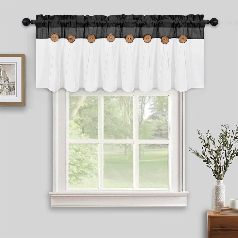 FRAMICS Farmhouse Valance Curtains, Boho Cotton Linen Kitchen Valance, Black Rustic Button Window Valance for Kitchen Bathroom Bedroom, Country Rod Pocket Valances for Windows, Black, 52 x 18 Inch - Image 1