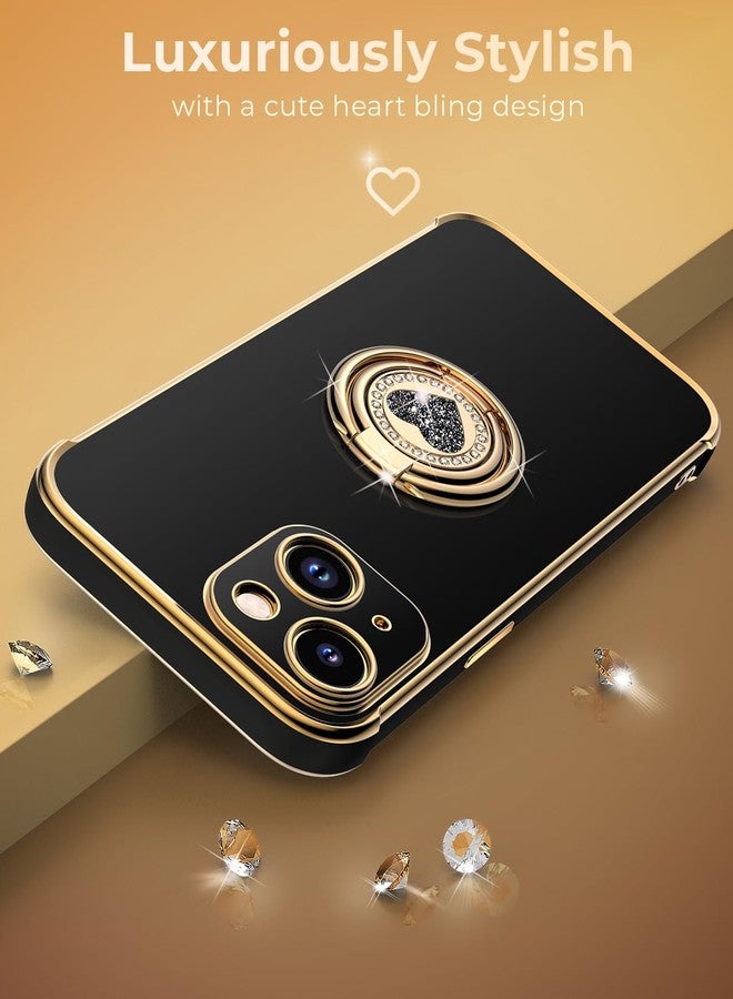 XYZ جراب XYZ لهاتف iPhone 13 مع حامل، جراب هاتف مزود بحلقة مزدوجة قابلة للطي، جراب فاخر مرصع بالكريستال بتصميم قلب لحماية هاتف iPhone 13 للنساء والفتيات، أسود - Image 5