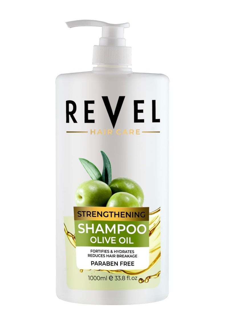 Revel شامبو زيت الزيتون المقوي للعناية بالشعر 1000 مل، يقلل من تكسر الشعر، يقوي ويرطب، للرجال والنساء، شامبو، خالي من البارابين، خالي من الكبريتات، لجميع أنواع الشعر - Image 1