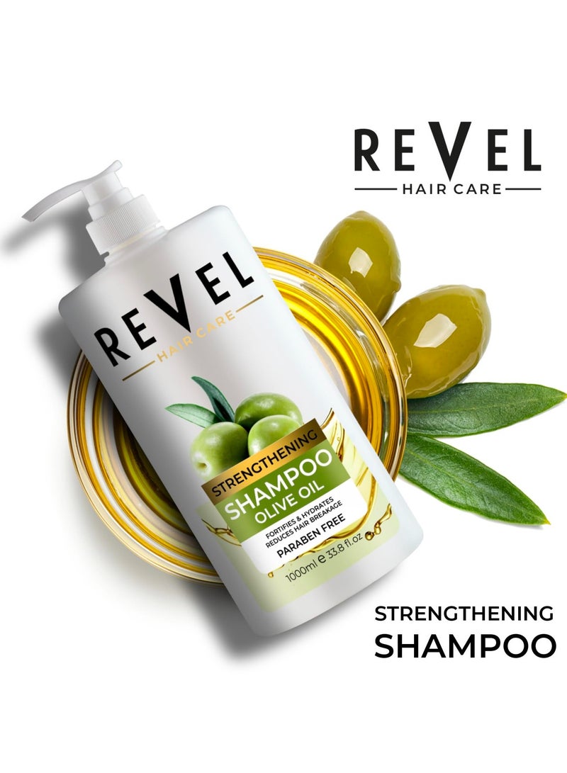 Revel شامبو زيت الزيتون المقوي للعناية بالشعر 1000 مل، يقلل من تكسر الشعر، يقوي ويرطب، للرجال والنساء، شامبو، خالي من البارابين، خالي من الكبريتات، لجميع أنواع الشعر - Image 2
