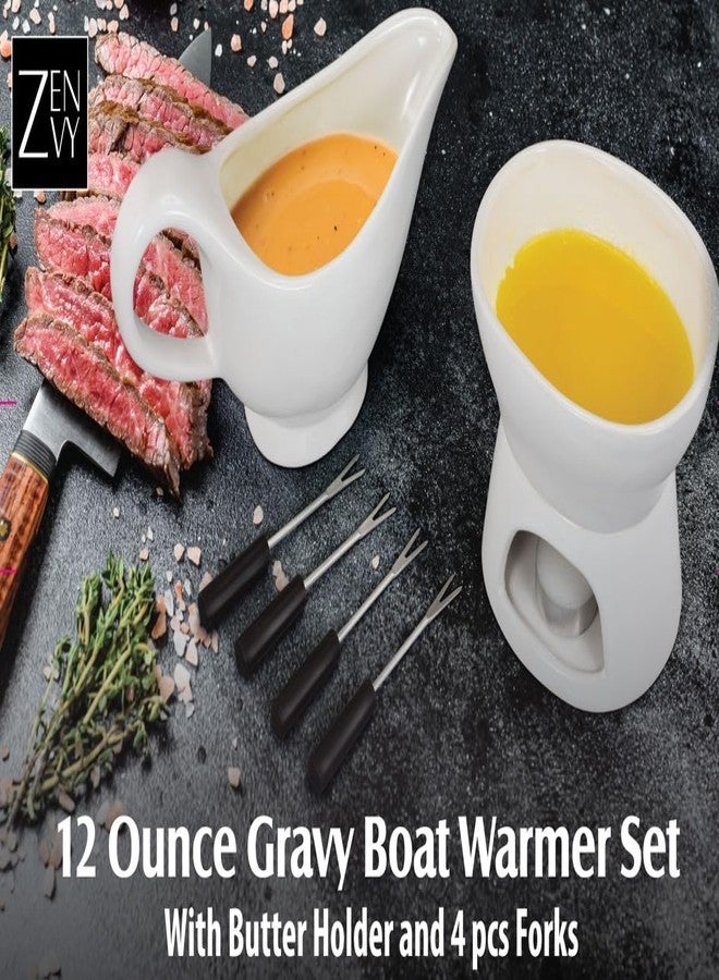 Zenvy Gravy Boat Set | 12 Ounce Ceramic White Gravy Dish Set With Candle Warmer Stand, Butter/Dip Dish, And Appertizer Forks - Image 2