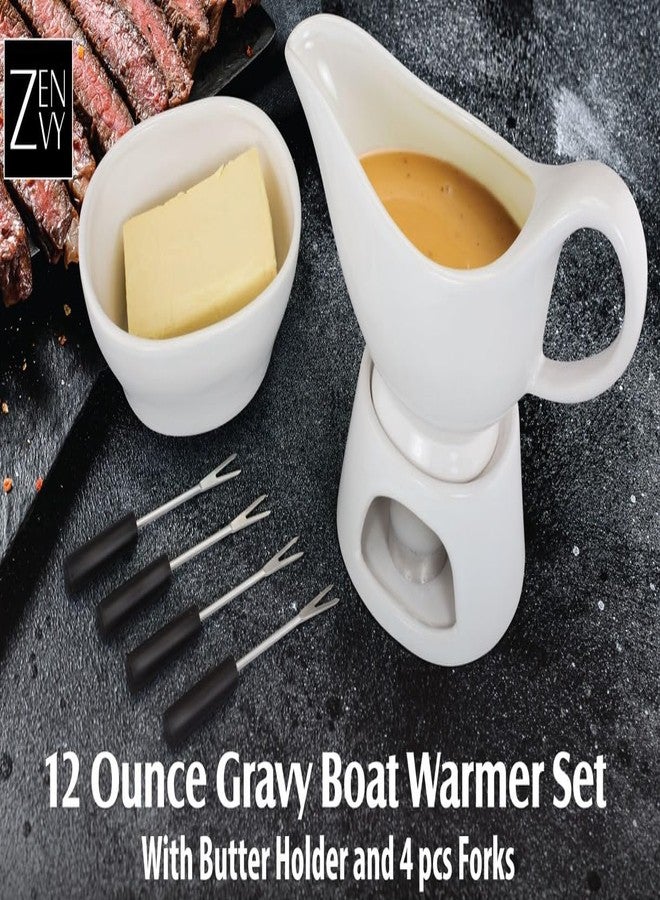 Zenvy Gravy Boat Set | 12 Ounce Ceramic White Gravy Dish Set With Candle Warmer Stand, Butter/Dip Dish, And Appertizer Forks - Image 4