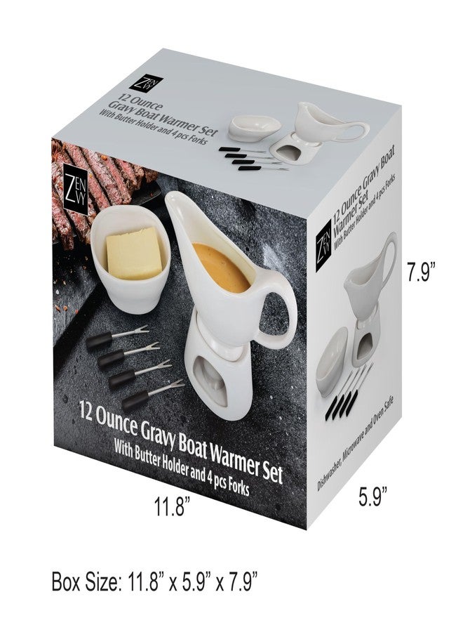Zenvy Gravy Boat Set | 12 Ounce Ceramic White Gravy Dish Set With Candle Warmer Stand, Butter/Dip Dish, And Appertizer Forks - Image 3
