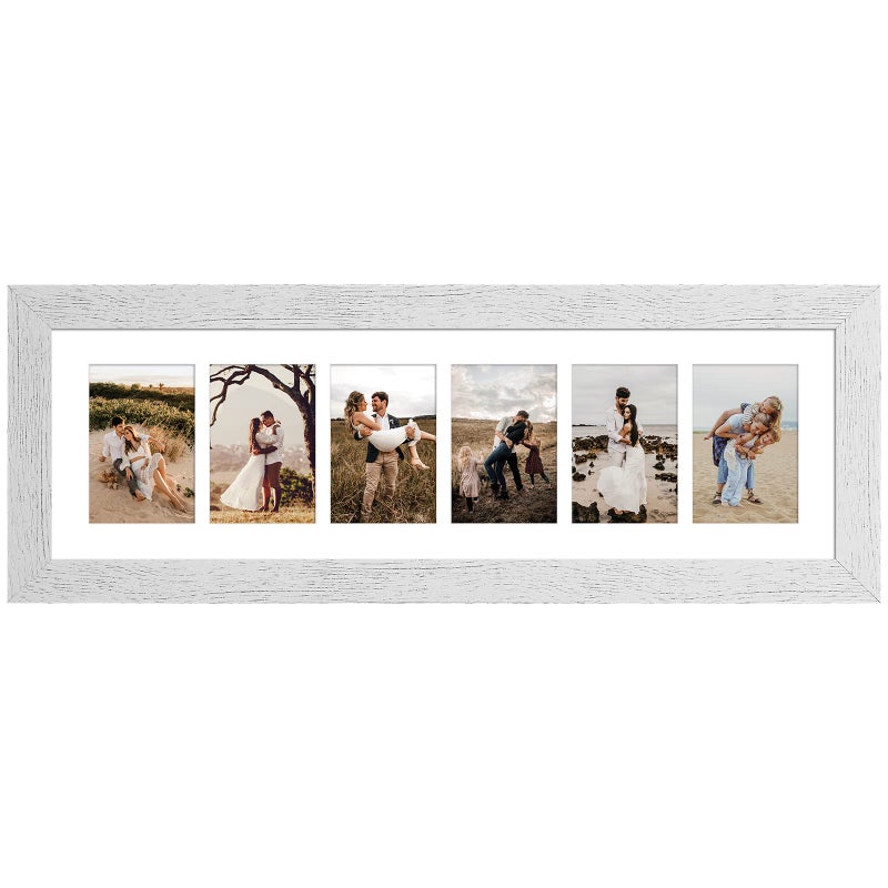 Gaevuian 8x26 Picture Frame Display 6 opening 4X6 Picture Frame CollageMulti Photo Frame with MatPlexiglassWall or Tabletop DecorDistressed White Wood Grain
