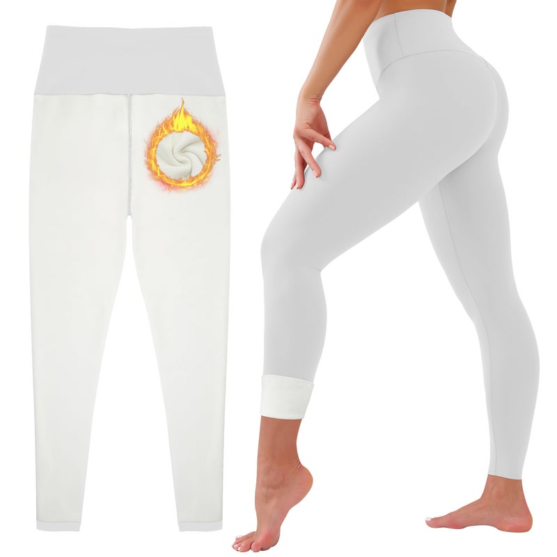 HEGALY Thick Fleece Lined Leggings for Women Tummy Control High Waisted Workout Thermal Warm Soft Yoga Pants for Cold Winter White - Image 1
