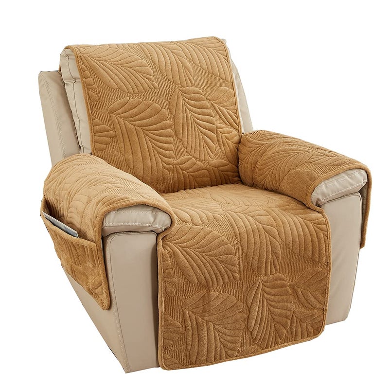 vctops Palm Leaves Velvet Plush Quilted Recliner Chair Cover AntiSlip Super Soft Furniture Protector with Elastic Straps for Kids Dogs Pets Khaki - Image 2