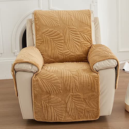 vctops Palm Leaves Velvet Plush Quilted Recliner Chair Cover AntiSlip Super Soft Furniture Protector with Elastic Straps for Kids Dogs Pets Khaki - Image 3