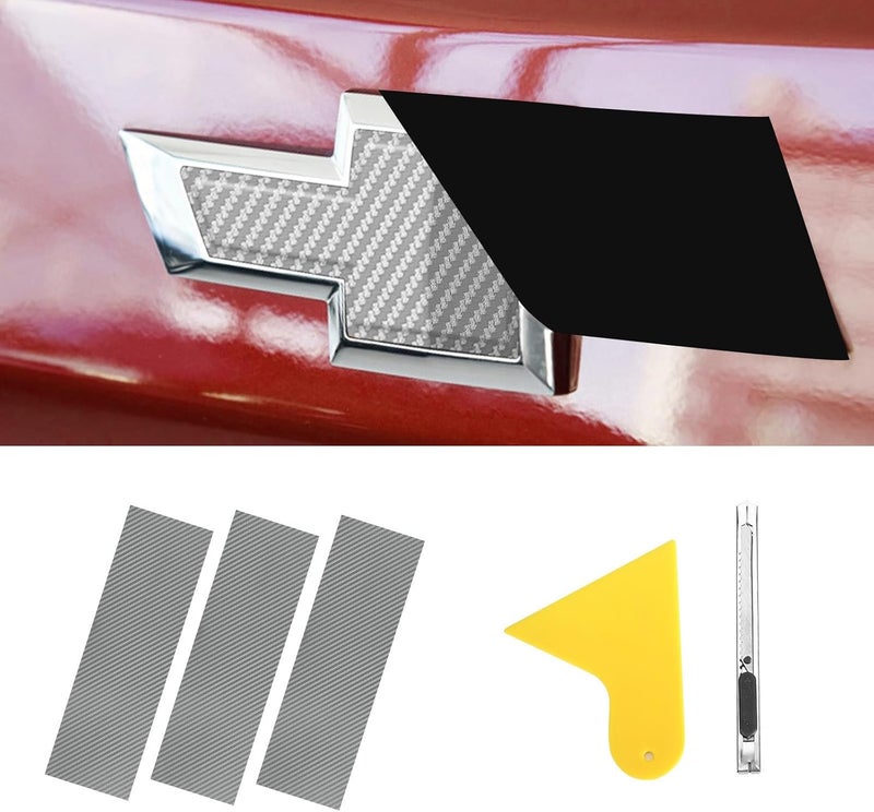 BLAKAYA Carbon Fiber Vinyl Wrap 11.8" x 4" Chevy Bowtie Emblem Wrap Kit with Spatula and Cutter 3 Pcs Universal Logo Overlay - Image 1