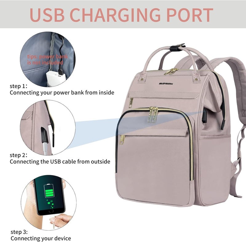 EMPSIGN 15.6 Inch Laptop Backpack for Women, Computer Travel Business Work Bag, Water Repellent College Casual Daypack with USB Port, Dusty Pink - Image 5