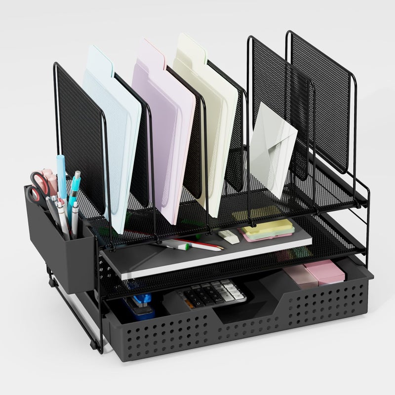 LEKETREE Desk Organizer Office Organization with Vertical File Holder File Organizer with Drawer and Pen Holder Desk Accessories and Workspace Organizers for Home Office Black - Image 2