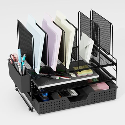 LEKETREE Desk Organizer Office Organization with Vertical File Holder File Organizer with Drawer and Pen Holder Desk Accessories and Workspace Organizers for Home Office Black - Image 1