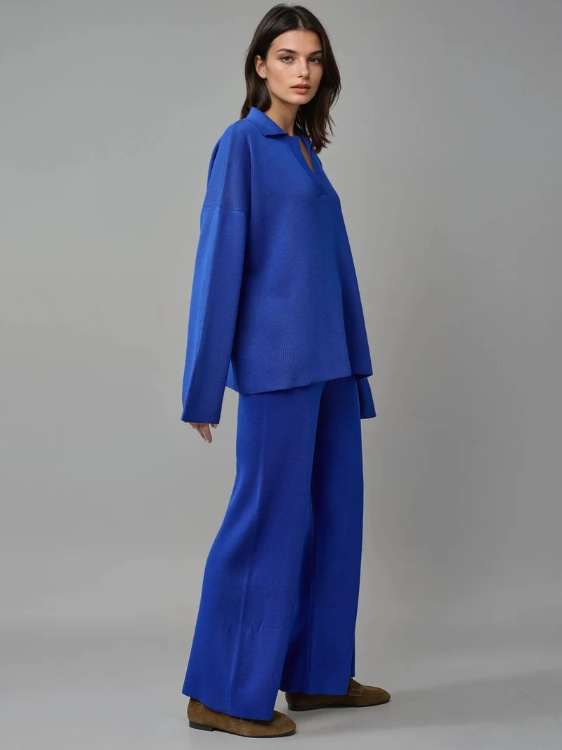 MY FASHION MY FASHION Ribbed Knit Co-Ord Set with Polo Collar