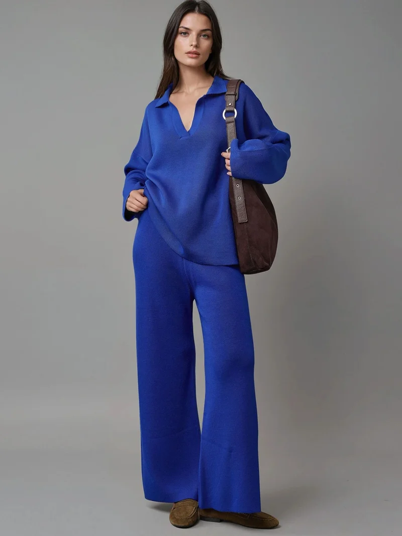 MY FASHION MY FASHION Ribbed Knit Co-Ord Set with Polo Collar