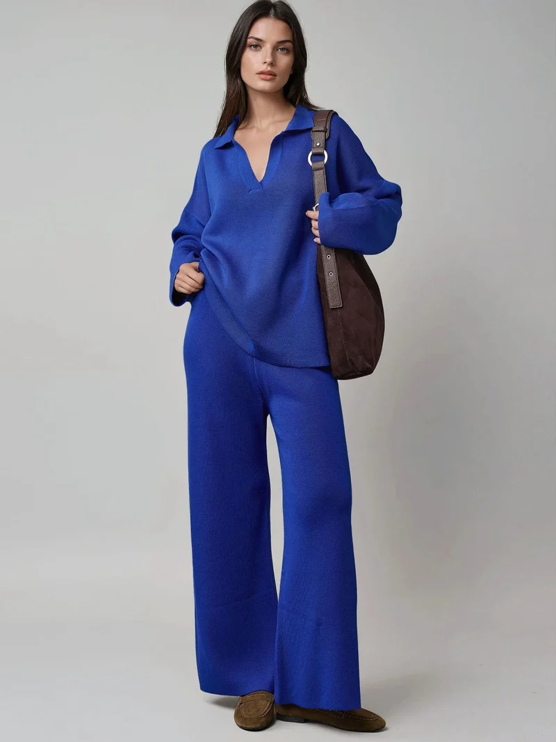 موضتي طقم محبوك مضلع بياقة بولو من