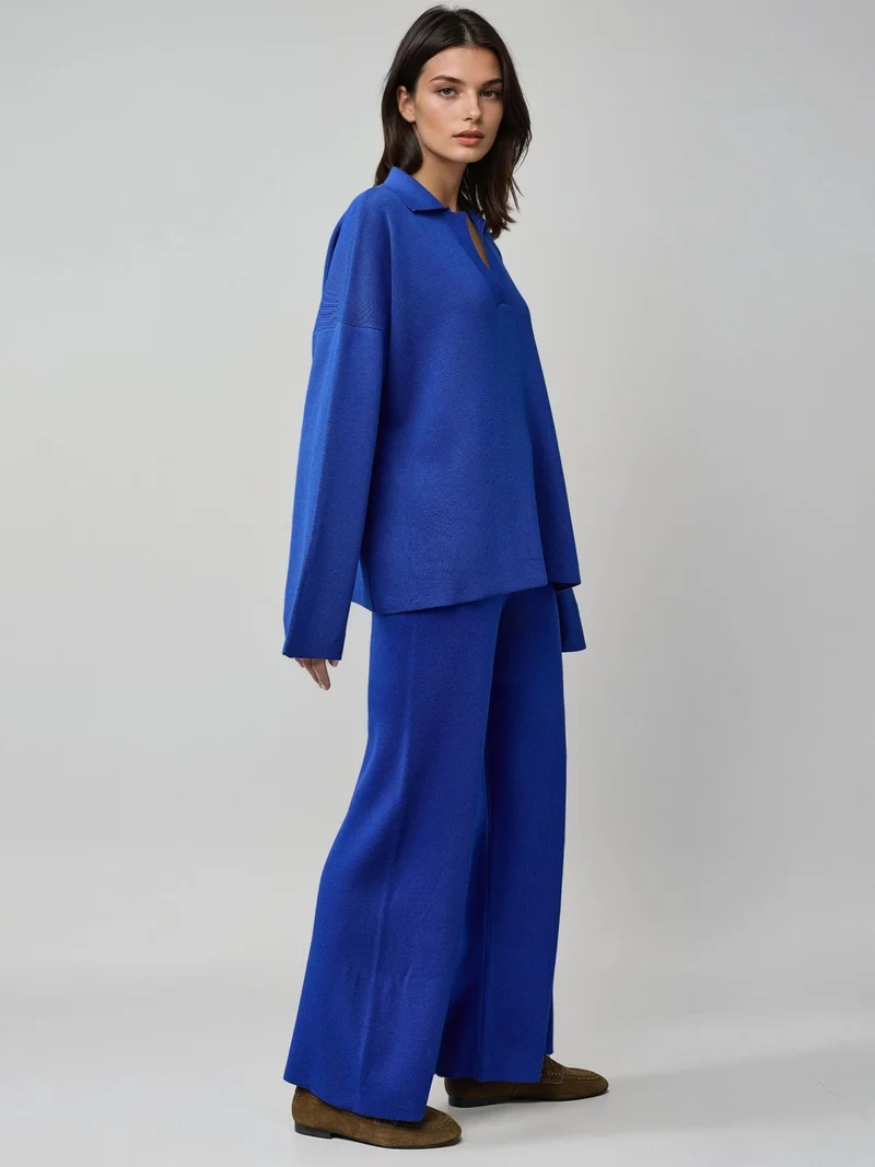 MY FASHION Cobalt Blue MY FASHION Ribbed Knit Co-Ord Set with Polo Collar for Women | Best Price UAE