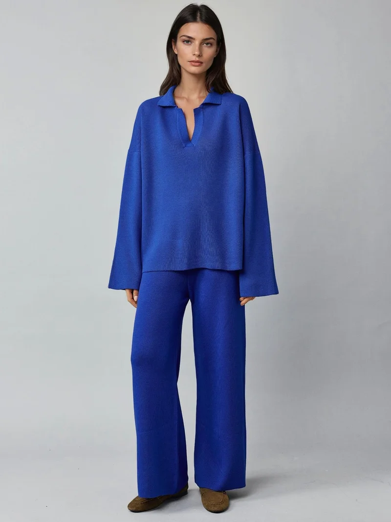 MY FASHION Cobalt Blue MY FASHION Ribbed Knit Co-Ord Set with Polo Collar for Women | Best Price UAE