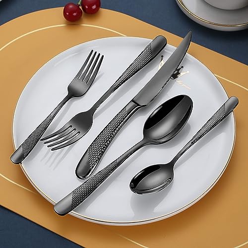 Lemeya 20-Piece Hammered Black Silverware Set for 4,18/10 Stainless Steel Flatware Set with Serrated Forged Knives,Heavy Duty Cutlery Set for Home & Party Restaurant,Mirror Polished, Dishwasher Safe - Image 2