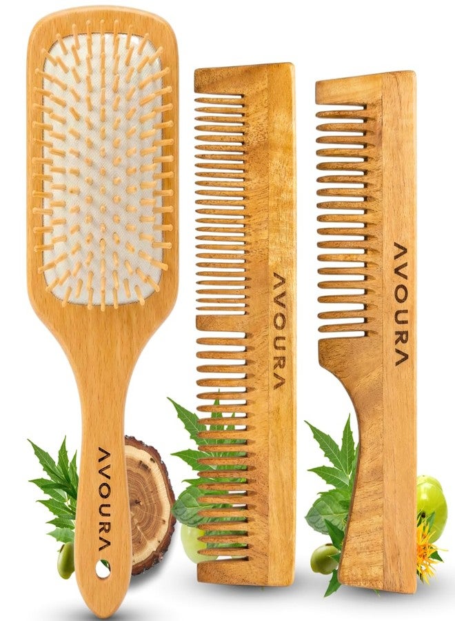 Avoura Kacchi Neem Wooden Hair Care Set (3-in-1), Soaked in 21+ Herbs Amla & Bhringraj Oils - Reduces Dandruff, Frizz & Breakage (Wooden Hair Brush, Wide Tooth & Dual Tooth Comb) - Image 1