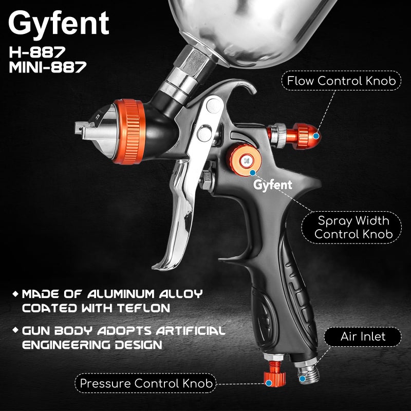 Gyfent Spray Paint Gun Set, HVLP Auto Paint Gun Air Paint Spray Gun with 3 Spray Gun & 1/1.3/1.7/2.5mm Nozzles & 4 Kettles & Pressure Gauge for Car Automotive Furniture DIY House Painting - Image 5