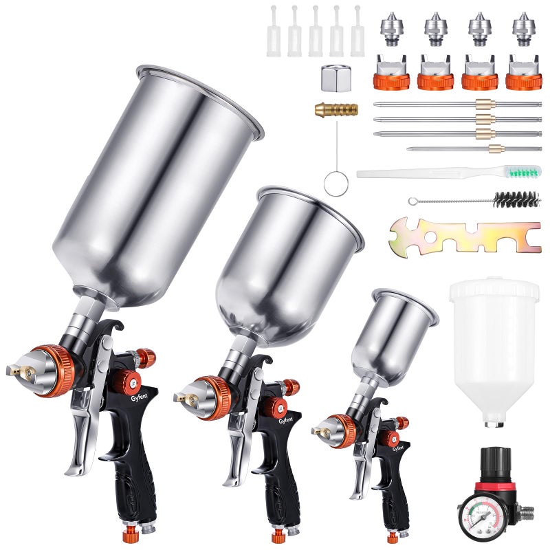 Gyfent Spray Paint Gun Set, HVLP Auto Paint Gun Air Paint Spray Gun with 3 Spray Gun & 1/1.3/1.7/2.5mm Nozzles & 4 Kettles & Pressure Gauge for Car Automotive Furniture DIY House Painting - Image 1