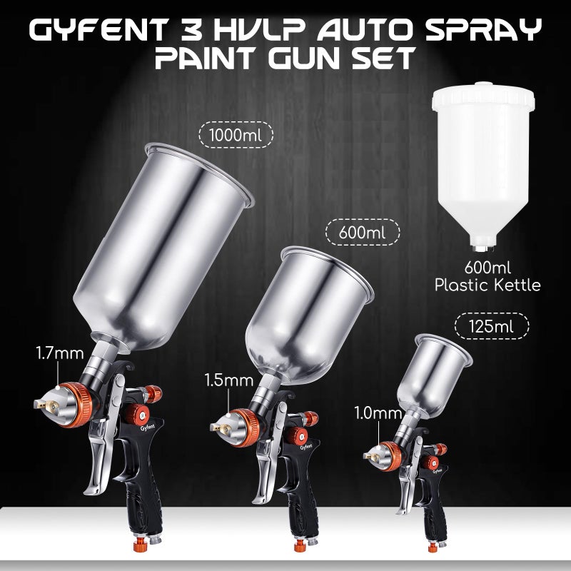 Gyfent Spray Paint Gun Set, HVLP Auto Paint Gun Air Paint Spray Gun with 3 Spray Gun & 1/1.3/1.7/2.5mm Nozzles & 4 Kettles & Pressure Gauge for Car Automotive Furniture DIY House Painting - Image 3