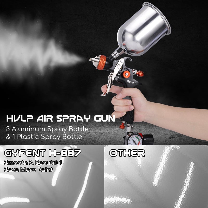 Gyfent Spray Paint Gun Set, HVLP Auto Paint Gun Air Paint Spray Gun with 3 Spray Gun & 1/1.3/1.7/2.5mm Nozzles & 4 Kettles & Pressure Gauge for Car Automotive Furniture DIY House Painting - Image 4