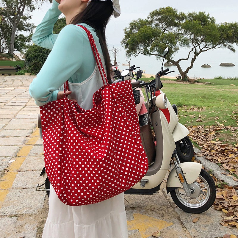 Summer Commuter Wave Point Canvas Bag Ins Casual Simple Large Capacity Shopping Bag Women'S Bag Fashionable Korean Style Shoulder Bag - Image 3
