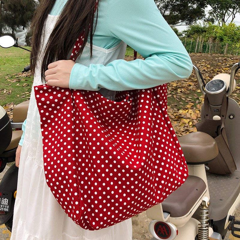 Summer Commuter Wave Point Canvas Bag Ins Casual Simple Large Capacity Shopping Bag Women'S Bag Fashionable Korean Style Shoulder Bag - Image 2