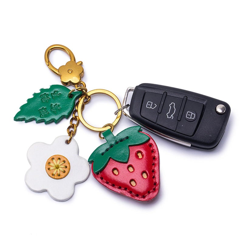 Pink Strawberry Elephant Fruit Design PU Leather Keychain Portable Car Keys Secure Clasp - Image 3