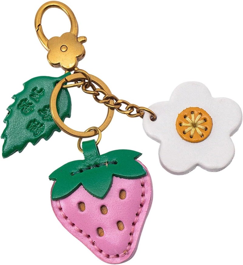 Pink Strawberry Elephant Fruit Design PU Leather Keychain Portable Car Keys Secure Clasp - Image 1