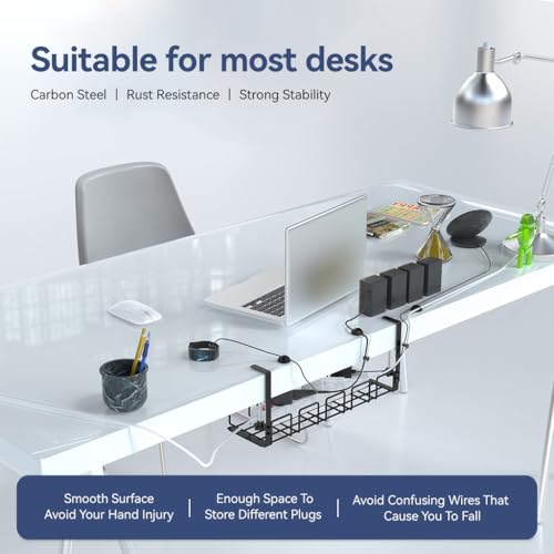 OFIFO® No Drill Under Desk Cable Management Tray, Space-Saving Rack, Sturdy Metal Wire Organizer Basket for Office and Home Standing Desk, 40x13x15cm - Image 2
