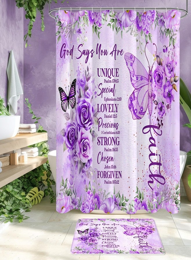 Litabel 4 Pcs Purple Butterfly Inspirational Quotes Shower Curtain Set with Rugs and Toilet Lid Cover, Colorful Boho Waterproof Fabric Bathroom Set, Bible Verse Floral Bathroom Decor Set Accessories - Image 3