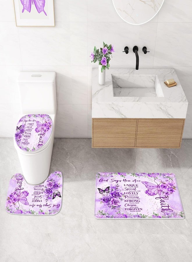 Litabel 4 Pcs Purple Butterfly Inspirational Quotes Shower Curtain Set with Rugs and Toilet Lid Cover, Colorful Boho Waterproof Fabric Bathroom Set, Bible Verse Floral Bathroom Decor Set Accessories - Image 4