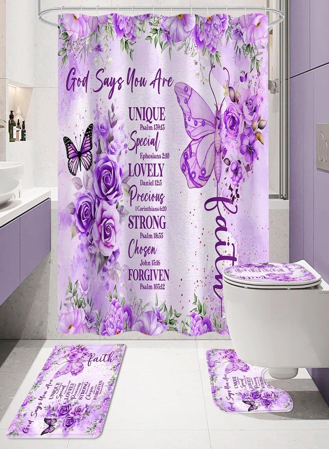 Litabel 4 Pcs Purple Butterfly Inspirational Quotes Shower Curtain Set with Rugs and Toilet Lid Cover, Colorful Boho Waterproof Fabric Bathroom Set, Bible Verse Floral Bathroom Decor Set Accessories - Image 2